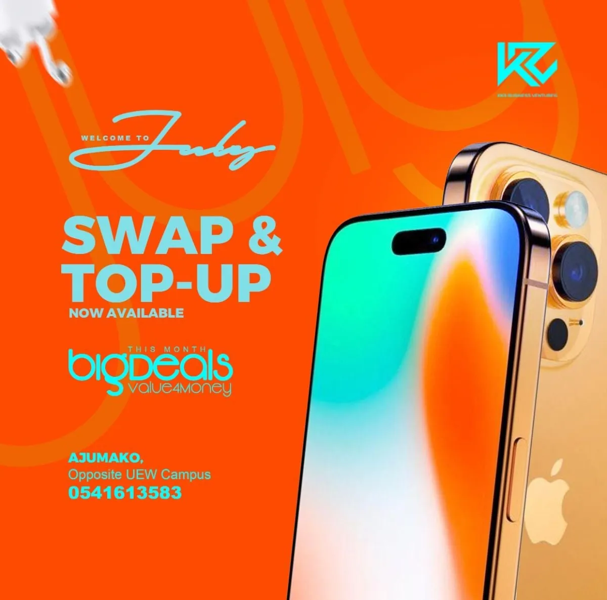 Bright orange social ad reading Swap and Top-Up with a gold iPhone and the BigDeals logo.