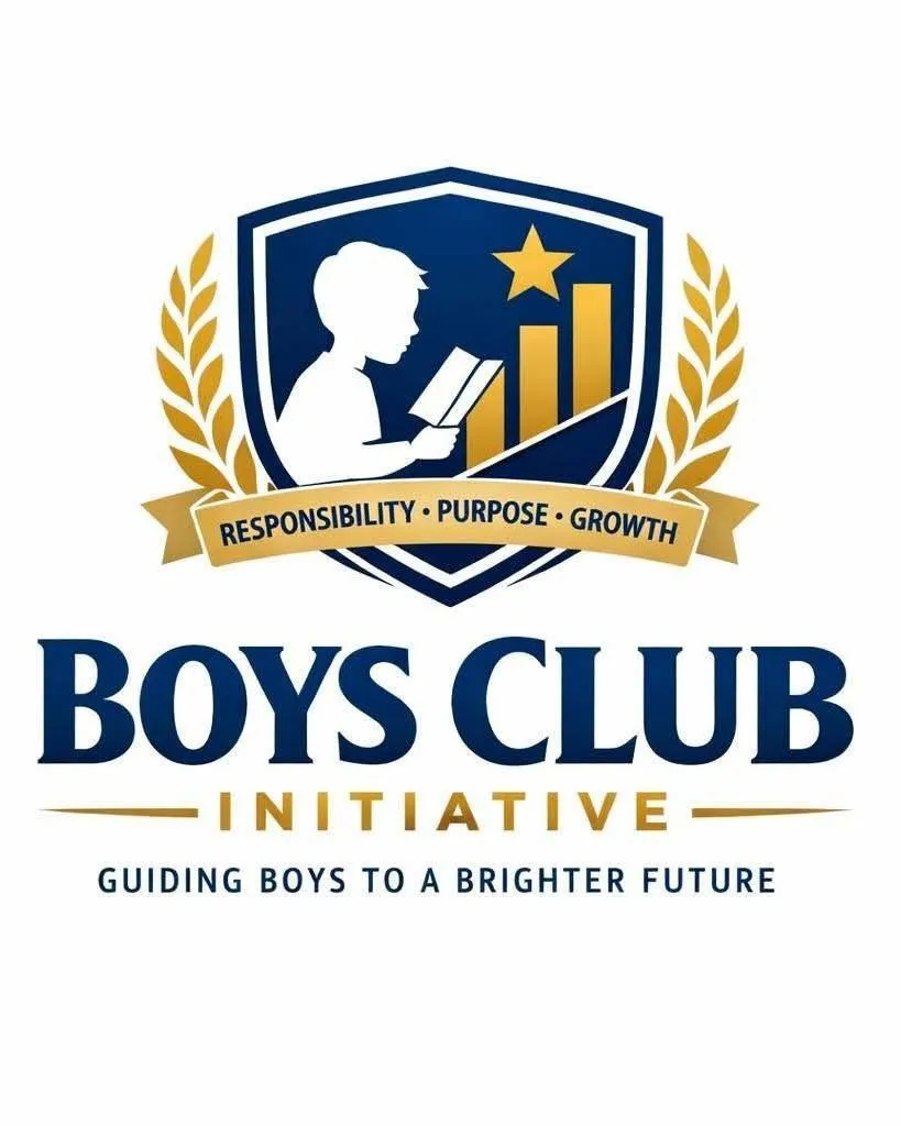 Boys Club Initiative logo: a boy reading inside a shield, with the words Responsibility, Purpose, Growth, and the line Guiding boys to a brighter future