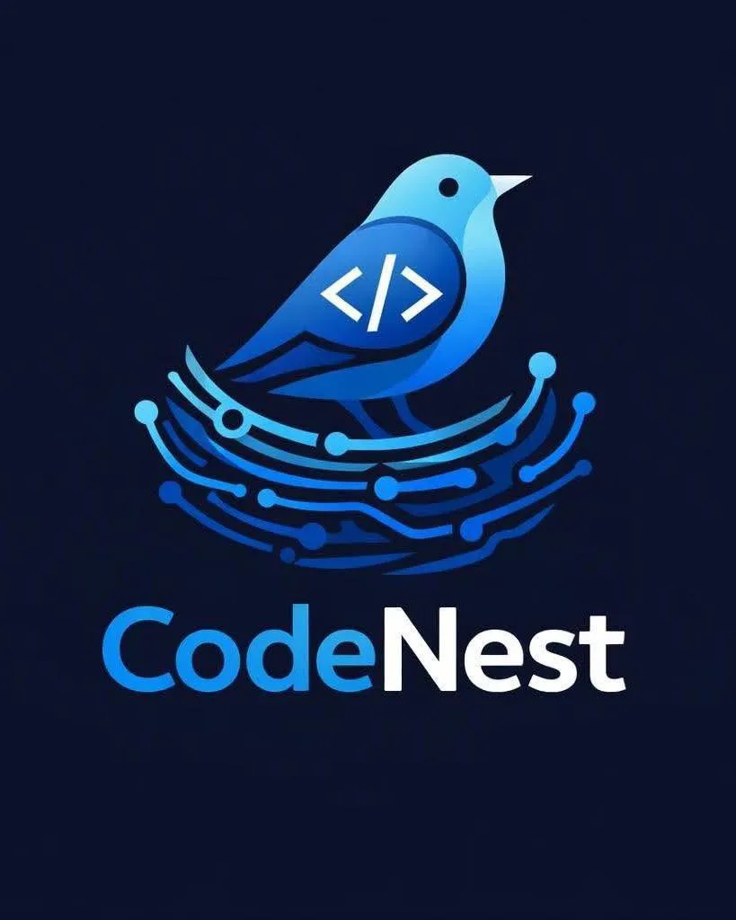 CodeNest logo: a blue bird with a code symbol sitting on a nest of circuit lines