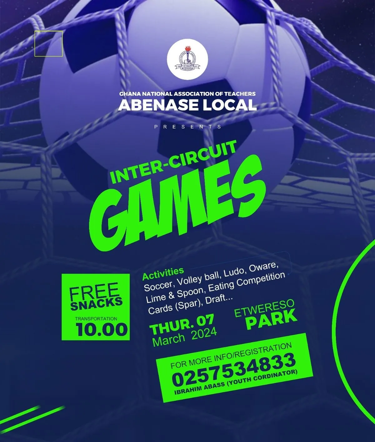 Sports flyer with a football in a goal net and the bold green headline Inter-Circuit Games on a deep blue background.