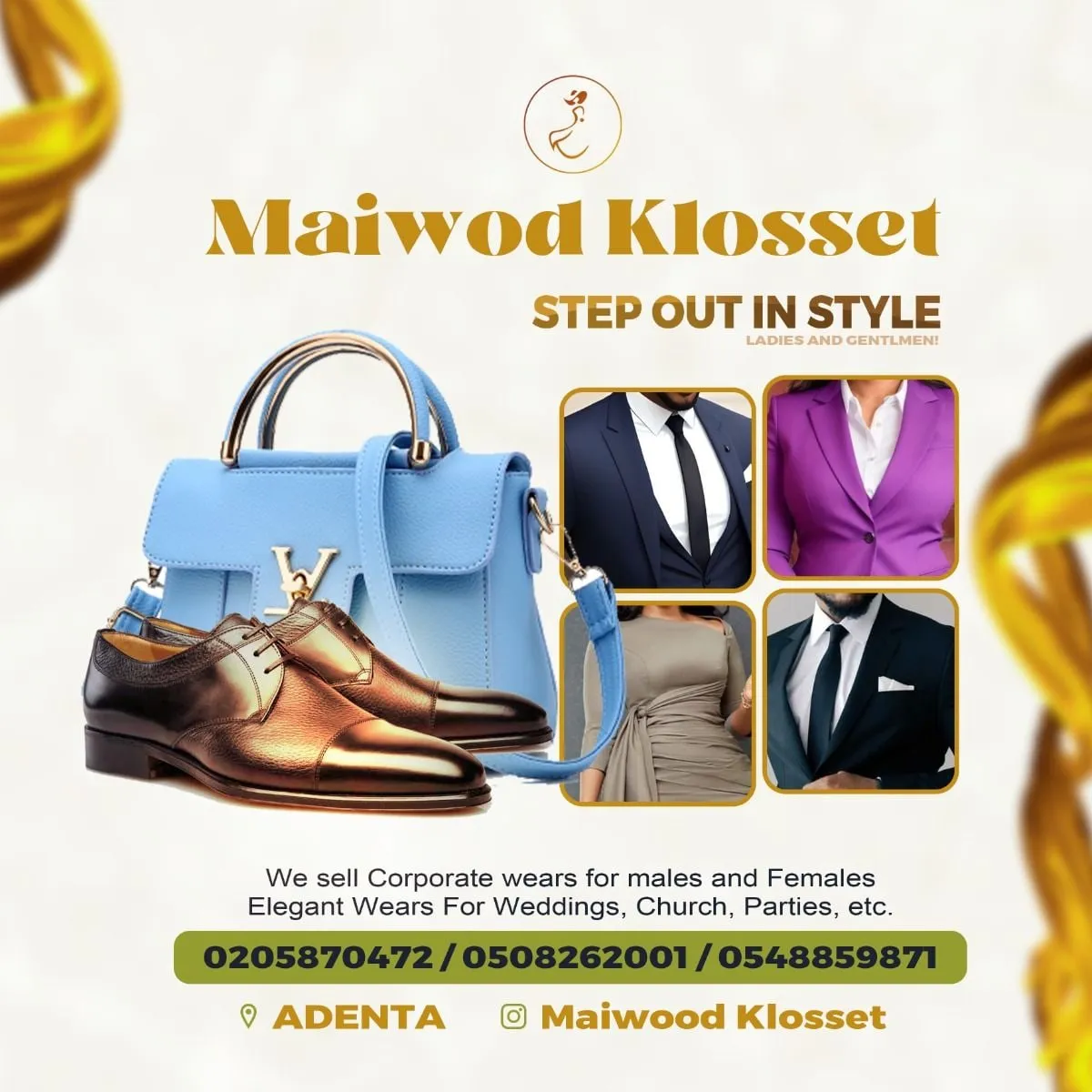 Fashion store ad with the serif title Maiwod Klosset, Step Out In Style, above a collage of bags, suits and shoes.