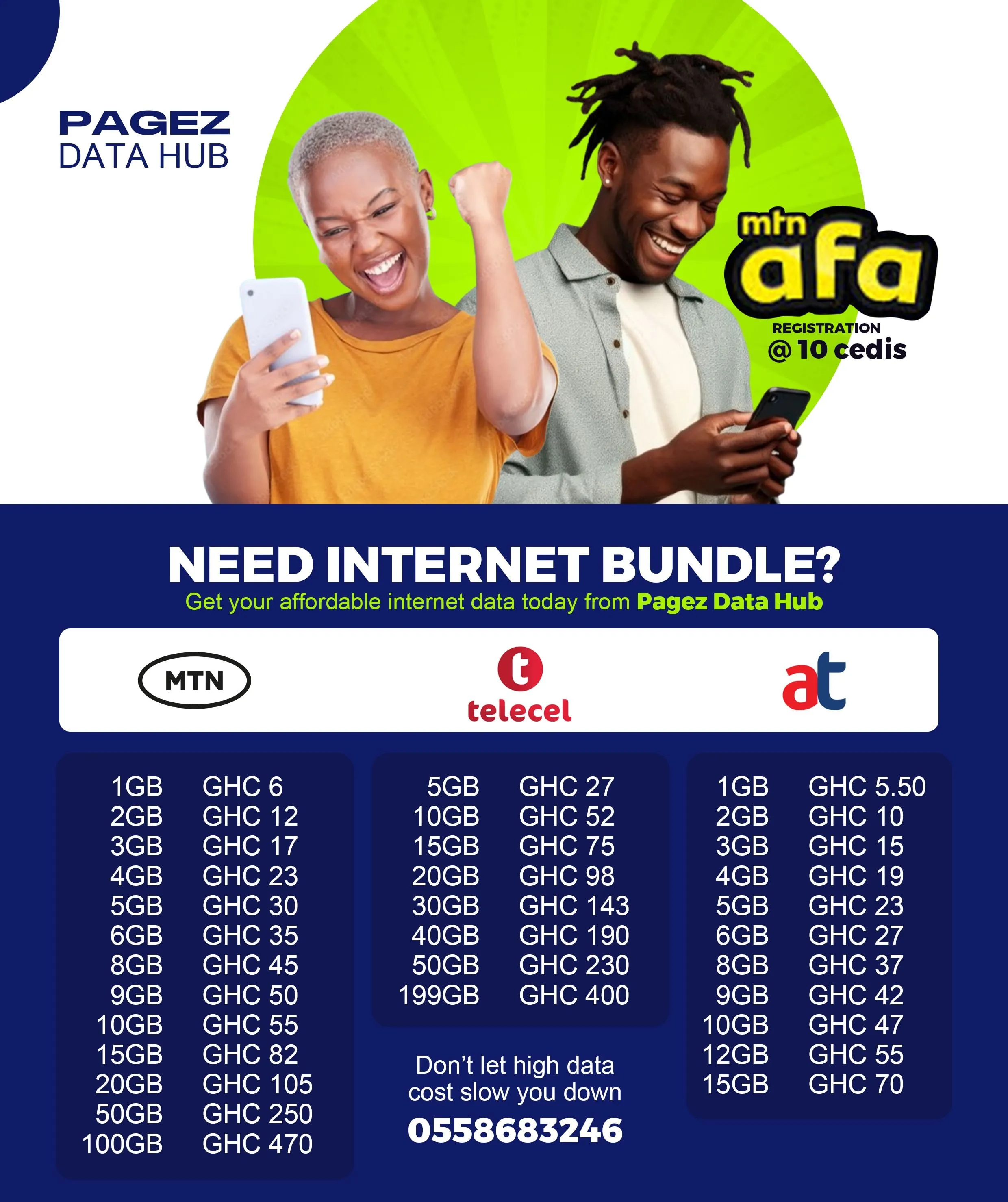 Flyer for Pagez Data Hub with two excited people on their phones above a price list of MTN, Telecel and AirtelTigo data bundles.