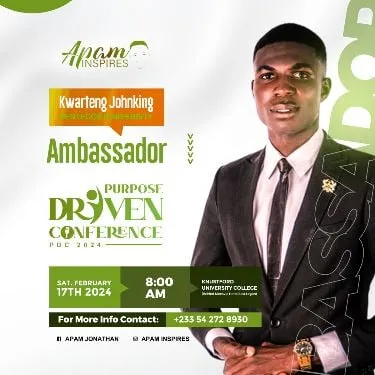Green and white ambassador flyer for the Purpose Driven Conference with a man in a suit and the event date, February 17th 2024.