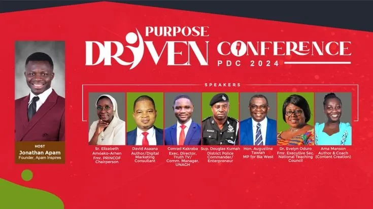 Red conference backdrop with the title Purpose Driven Conference PDC 2024, the host on the left and a row of seven speakers.